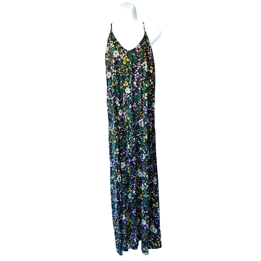 Old Navy Maxi Dress Size XL Black Floral V-Neck Boho Cottagecore Summer Rayon‎